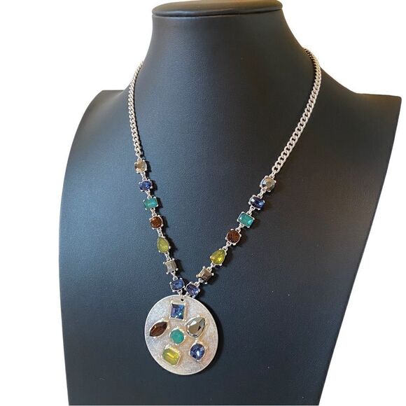 Silver Tone Multi Colored Faux Gemstone Pendant Necklace. - Picture 3 of 5